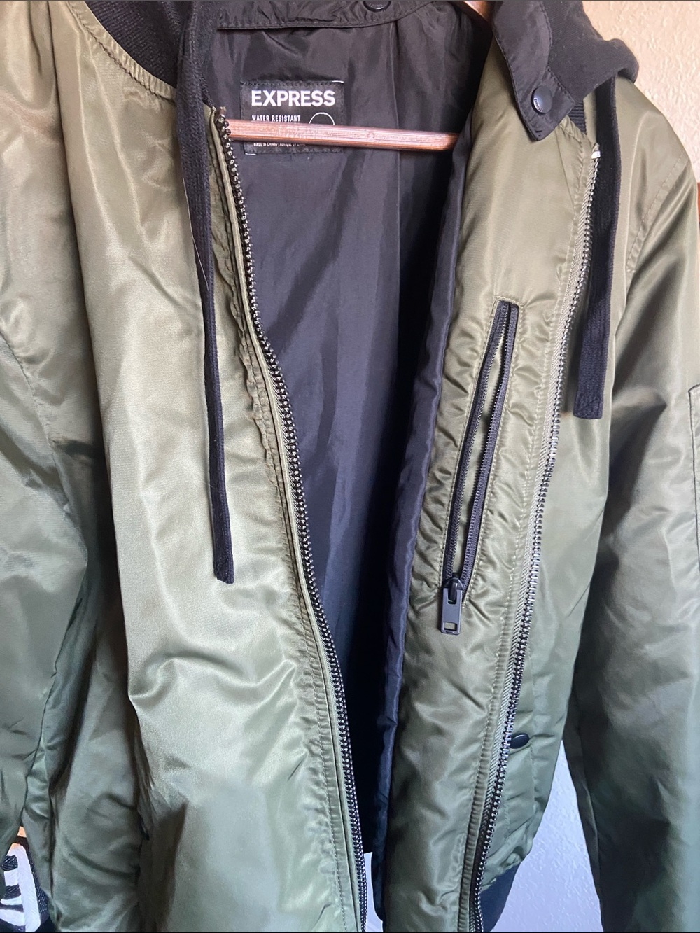 Express Olive Green Bomber Jacket with Black Hood - Picture 5 of 6